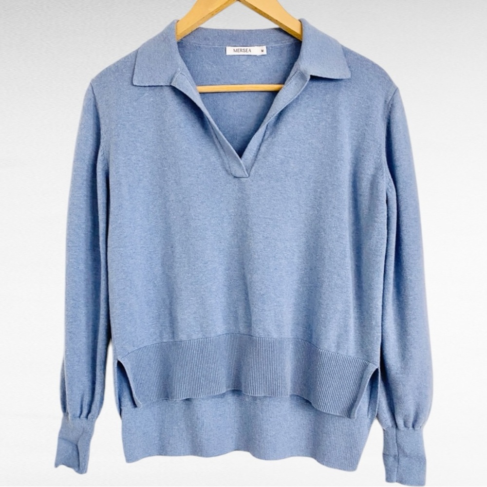 MERSEA | Coastal Blue MARINER HORIZON Relaxed Fit Cotton Wool Polo Sweater - Picture 4 of 4